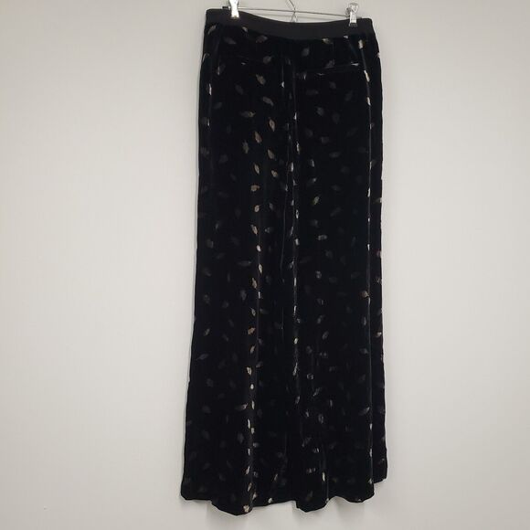 Anthropologie Elevenses Ultra Wide Leg Velvet Silk Pants Women's 6 Black Leaf - Picture 2 of 12